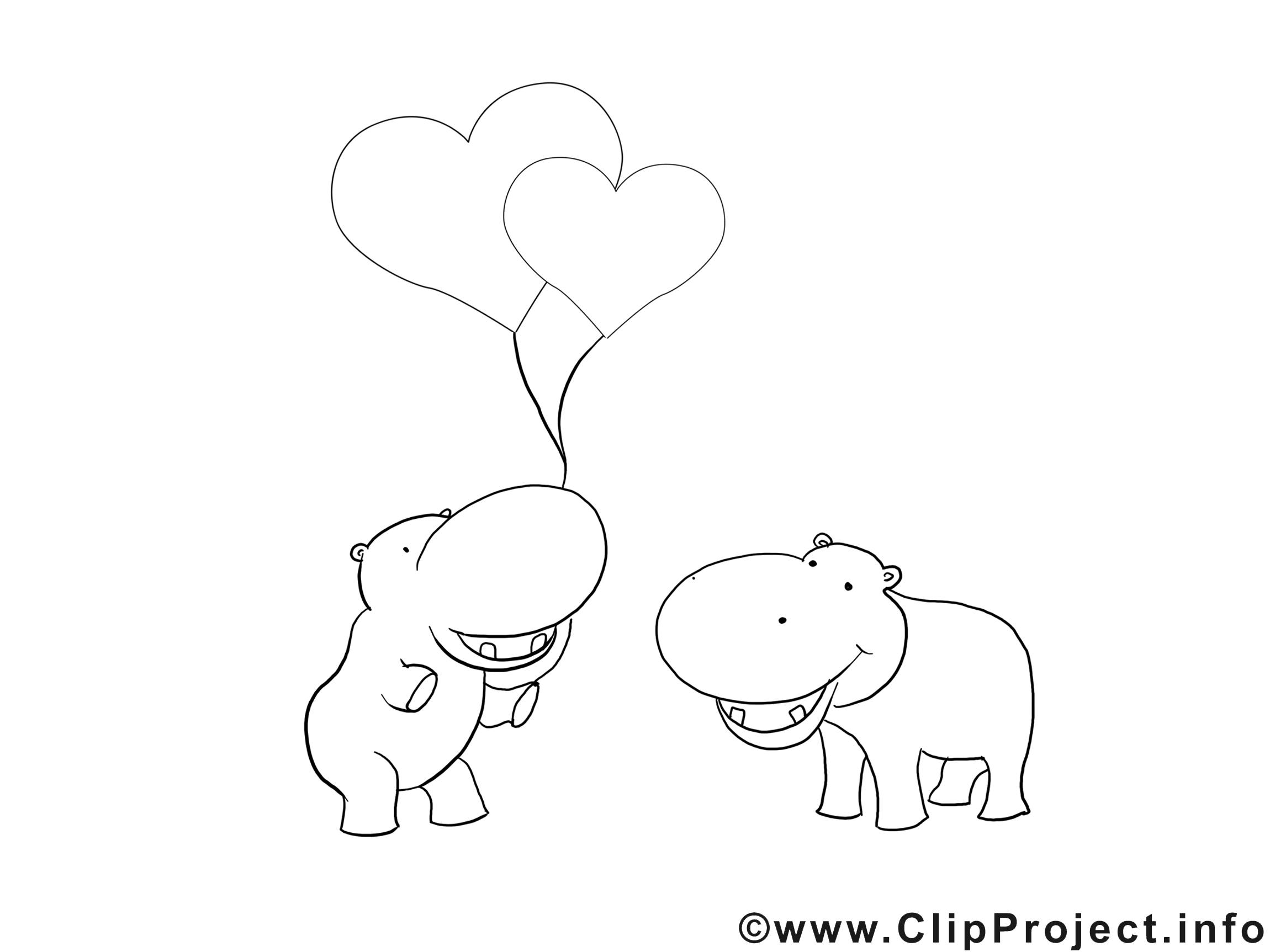 Hippopotames clipart gratuit – Saint-valentin à colorier