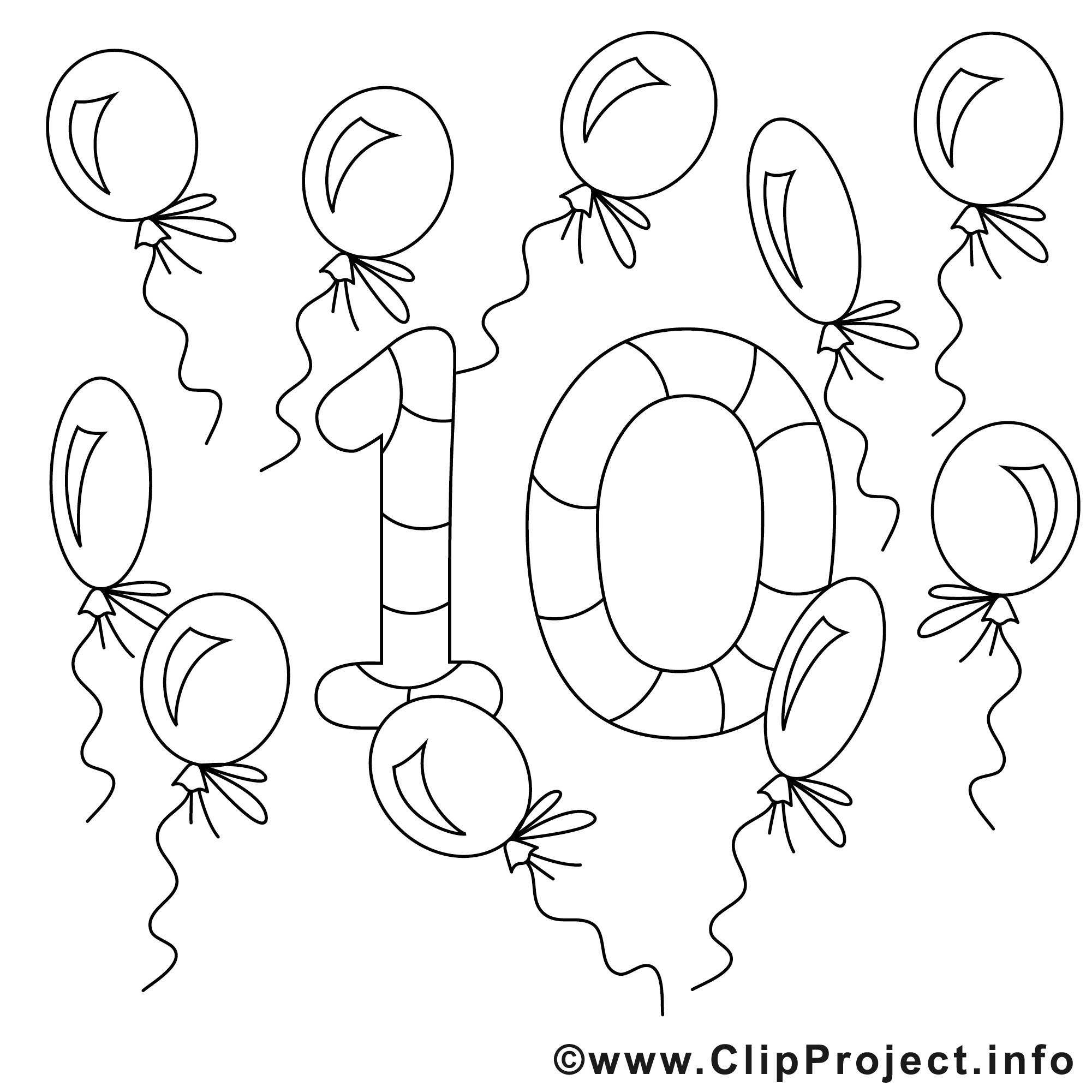 10 ballons clip art – Nombres image à colorier - Chiffres coloriages
